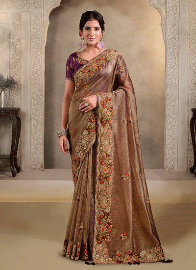 Rust Brown Handwork Embroidery Festive Saree