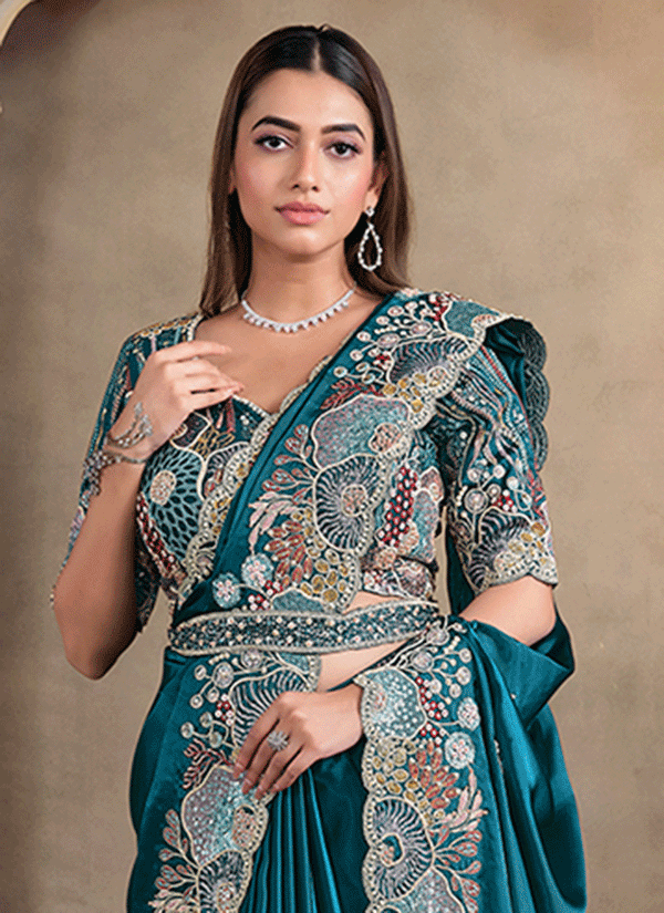 Turquoise Handwork Embroidery Festive Saree And Blouse