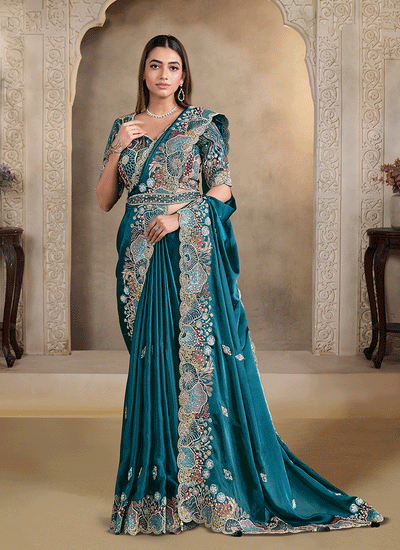 Turquoise Handwork Embroidery Festive Saree