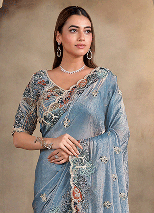 Mist Blue Handwork Embroidery Festive Saree And Blouse