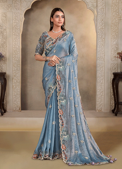 Mist Blue Handwork Embroidery Festive Saree 