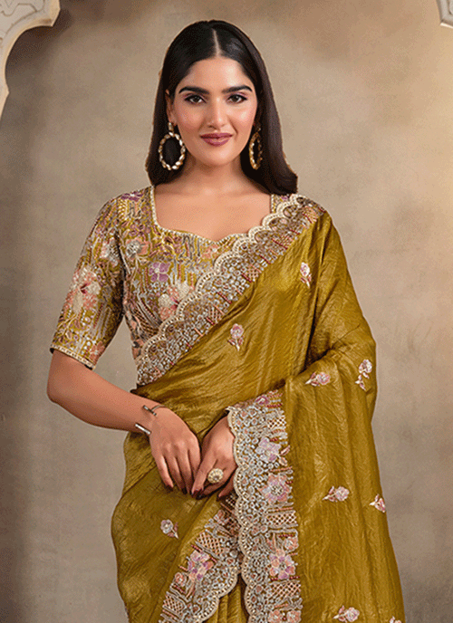 Shop Mustard Yellow Handwork Embroidery Sari In UAE