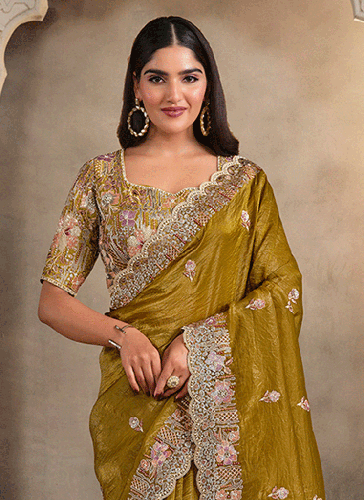 Shop Mustard Yellow Handwork Embroidery Sari In UAE