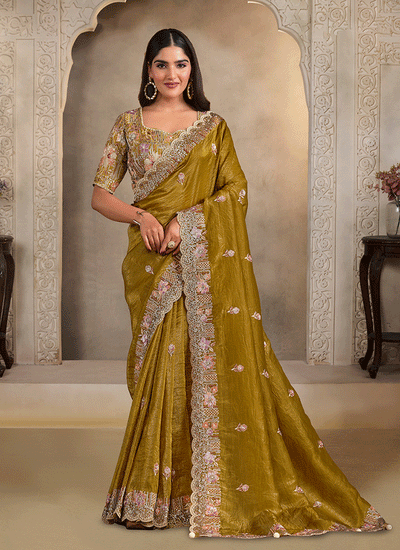 Mustard Yellow Handwork Embroidery Festive Saree