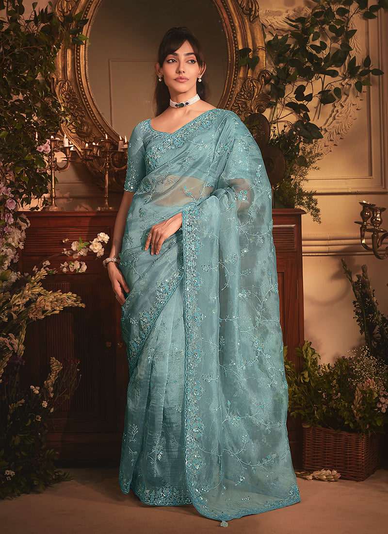 Firozi Blue Tissue Silk Saree