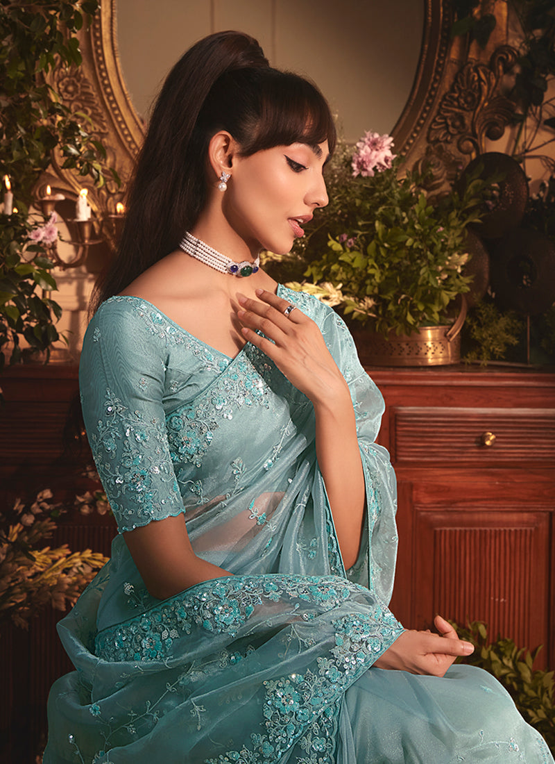 Firozi Blue Designer Saree At Hatkay