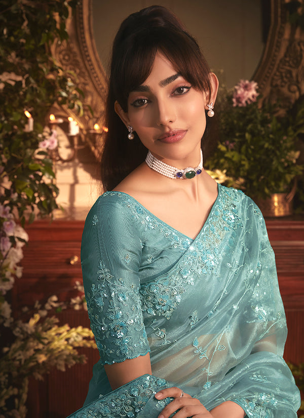 Firozi Blue Embroidered Tissue Silk Saree