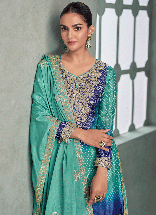 Turquoise And Blue Embroidered Gharara Suit