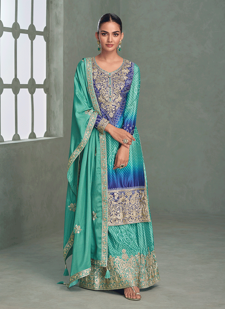 Buy Gharara Suit In USA- Turquoise & Blue Embroidered Engagement Suit Buy Gharara Suit In USA- Turquoise & Blue Embroidered Engagement Suit