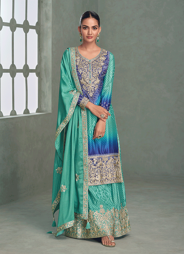 Turquoise And Blue Embroidered Gharara Suit
