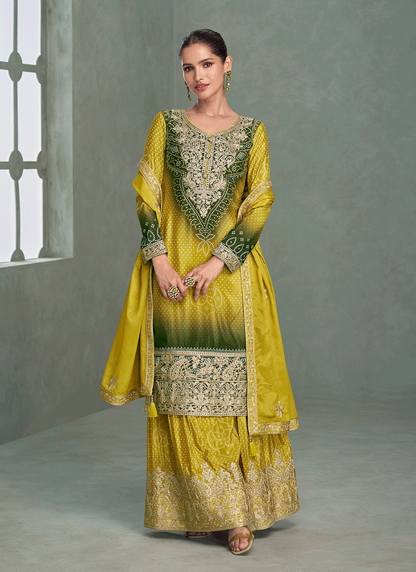 Lime And Green Embroidered Gharara Suit