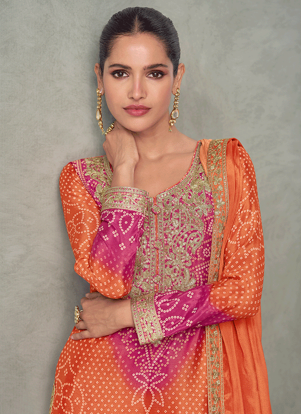 Orange And Pink Embroidered Gharara Suit
