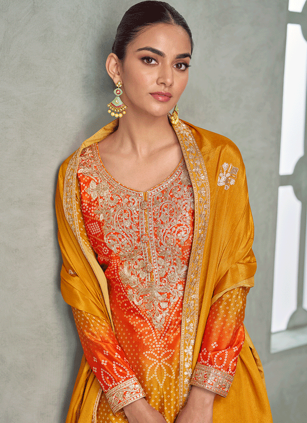 Yellow And Orange Embroidered Gharara Suit