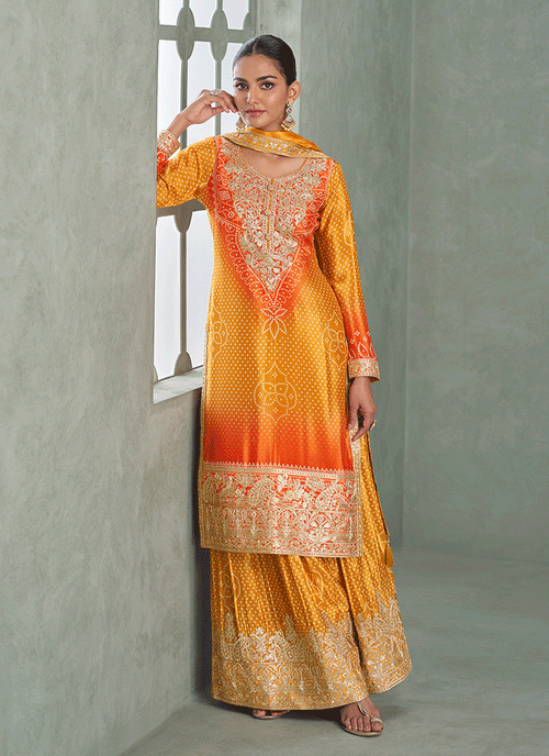 Yellow And Orange Ethnic Embroidered Sharara Suit - Hatkay