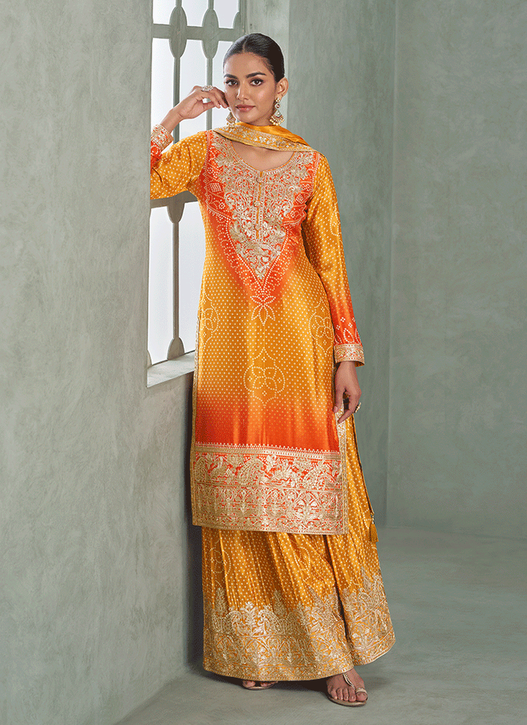 Yellow And Orange Ethnic Embroidered Sharara Suit - Hatkay