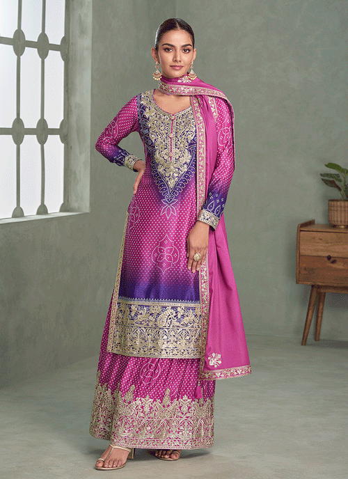 Pink And Purple Ethnic Embroidered Gharara Suit - Hatkay