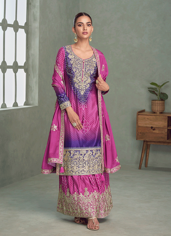 Pink And Purple Embroidered Gharara Suit
