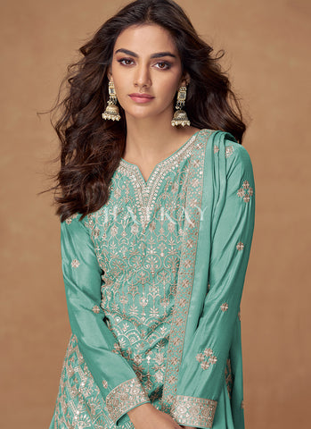 Aqua Blue Sequins Embroidery Gharara Style Suit