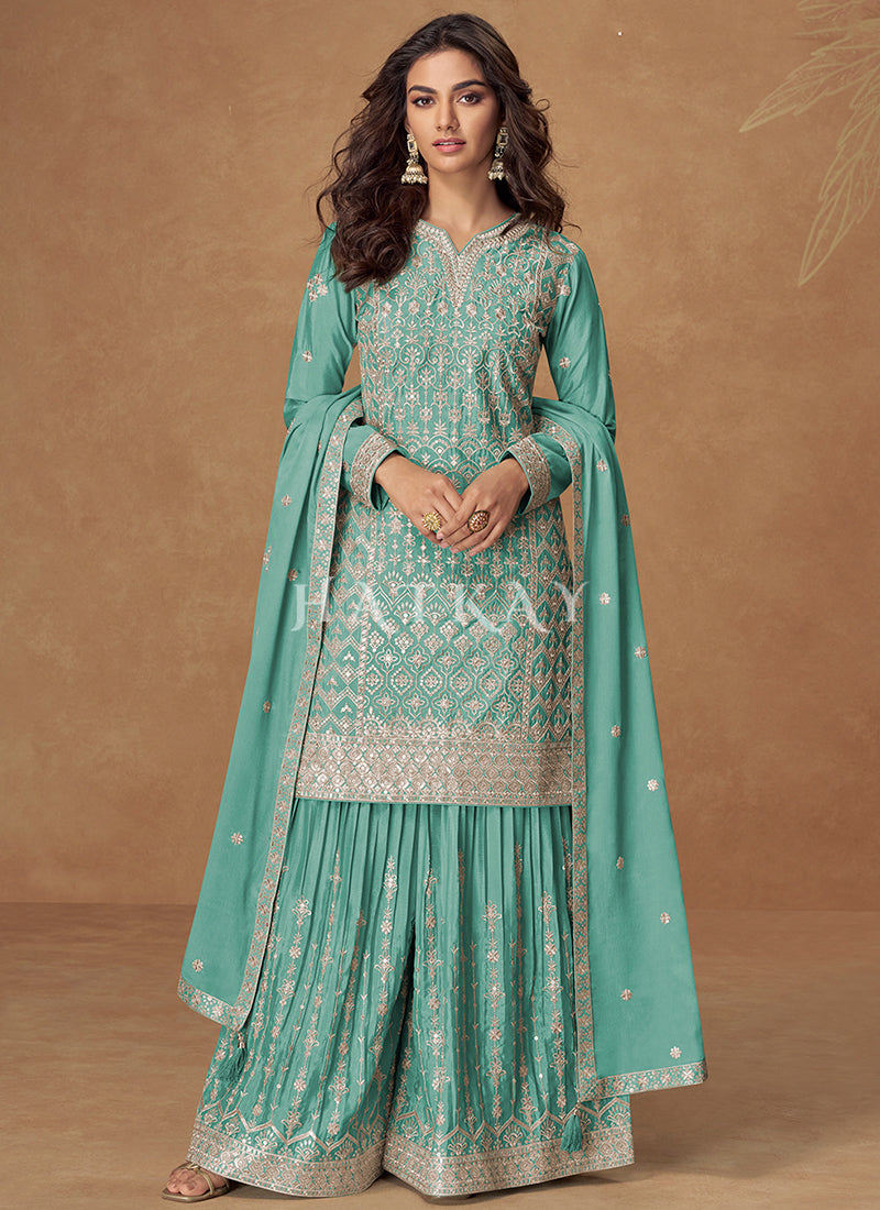 Aqua Blue Sequins Embroidery Gharara Style Suit