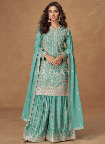 Aqua Blue Sequins Embroidery Gharara Style Suit