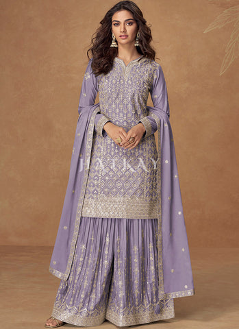 Lavender Sequins Embroidery Gharara Style Suit