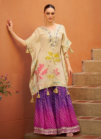 Beige And Purple Kaftan And Gharara Set