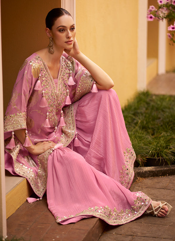 Soft Pink Embroidery Kaftan And Gharara Set