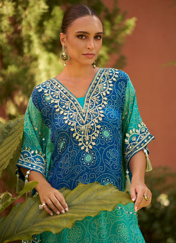 Turquoise Blue Embroidery Kaftan And Gharara Set