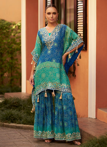 Turquoise Blue Embroidery Kaftan And Gharara Set
