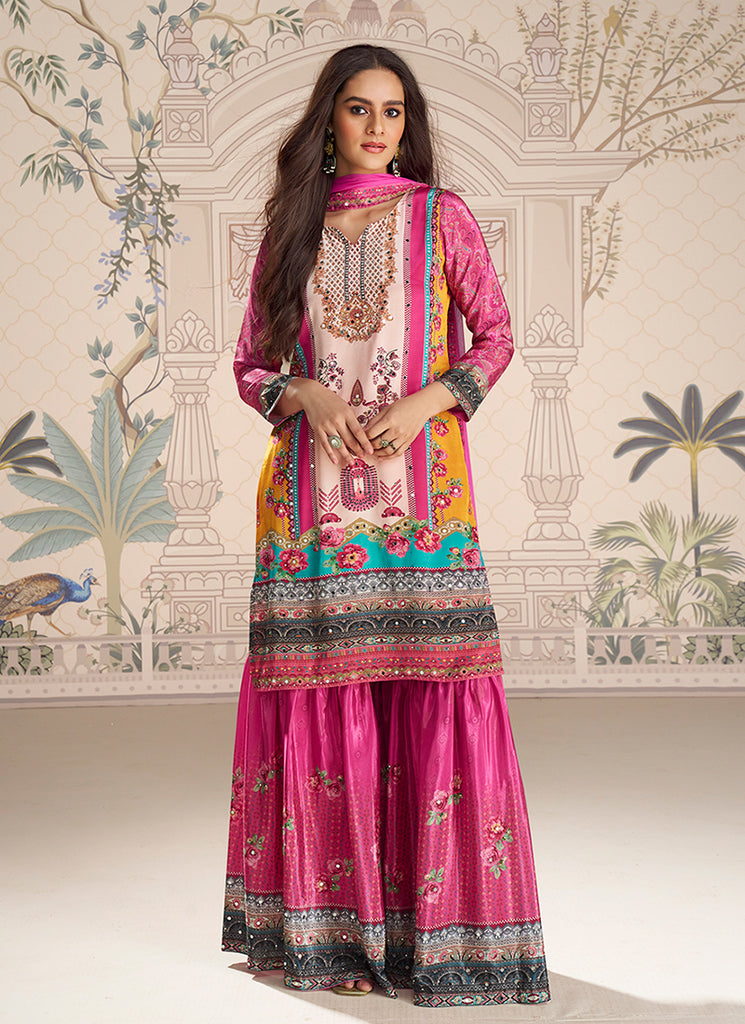 Magenta Printed Mirror Work Gharara Suit