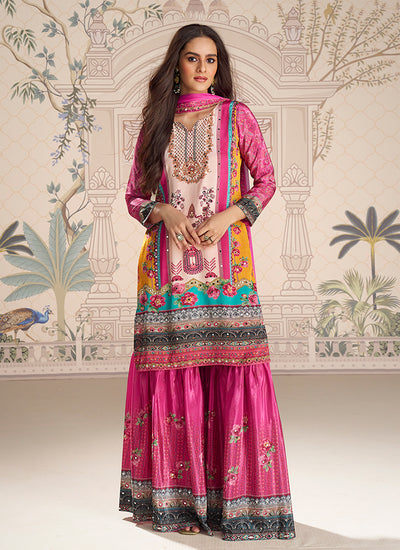 Magenta Printed Mirror Work Gharara Suit