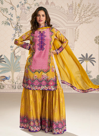 Yellow Printed Mirror Work Gharara Suit