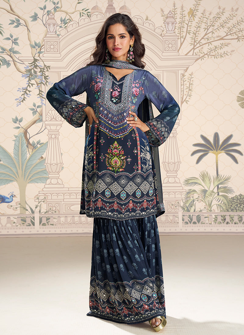 Blue Printed Mirror Work Gharara Suit