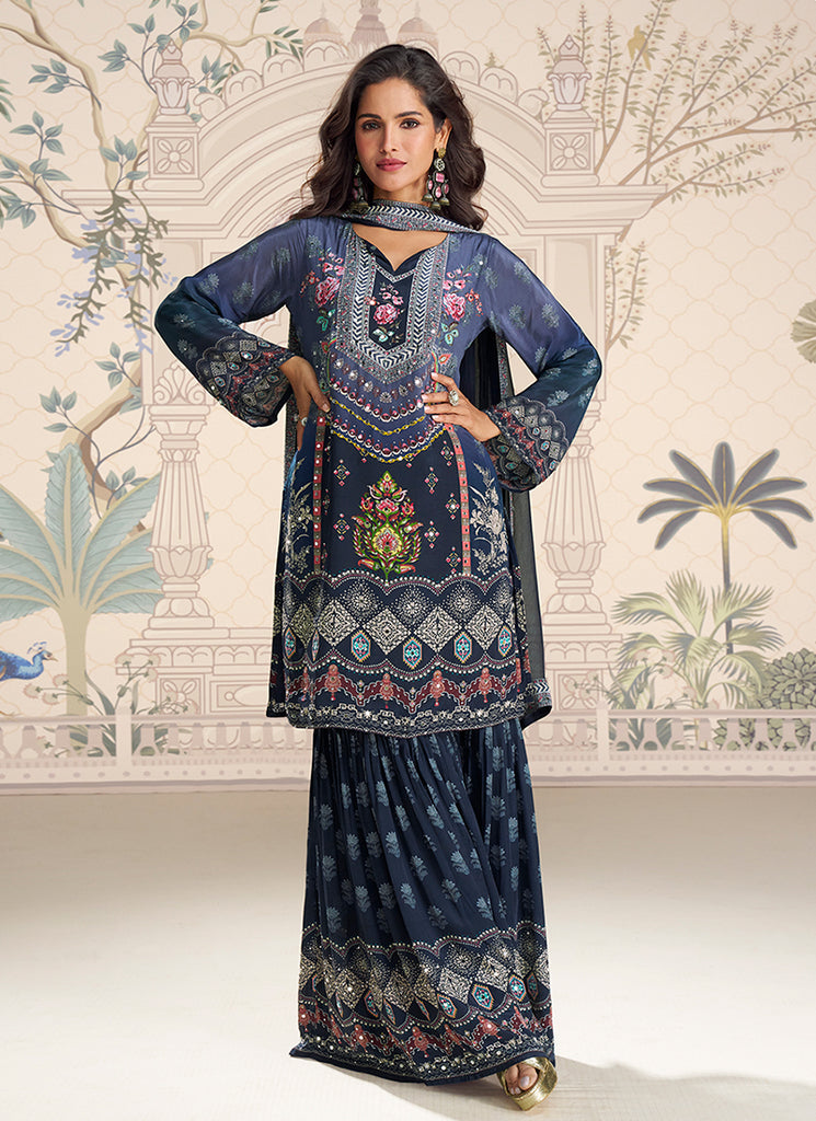 Blue Printed Mirror Work Gharara Suit