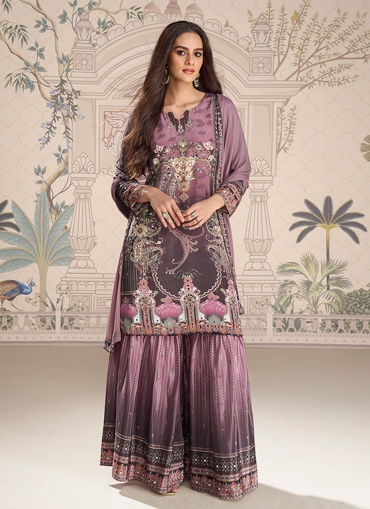 Purple Printed Mirror Work Gharara Suit
