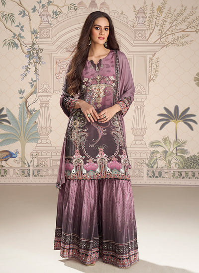 Purple Printed Mirror Work Gharara Suit