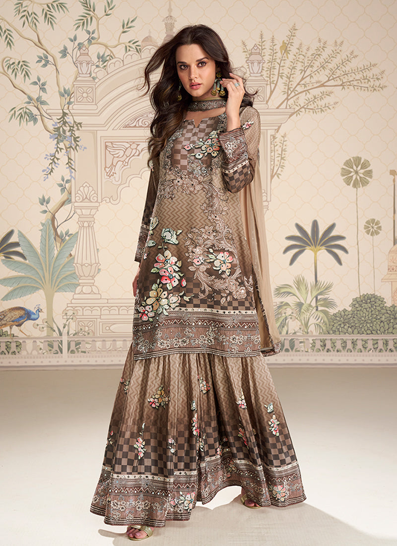 Brown Printed Mirror Work Gharara Suit