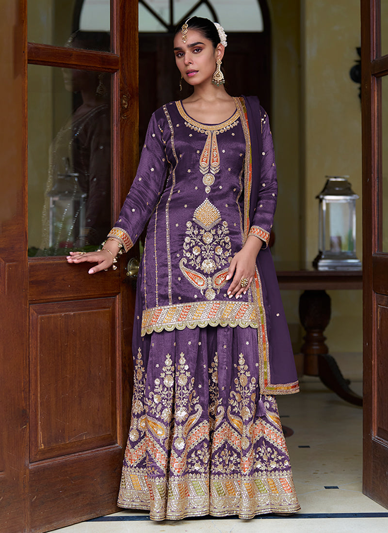 Purple Multi Embroidery Silk Gharara Set