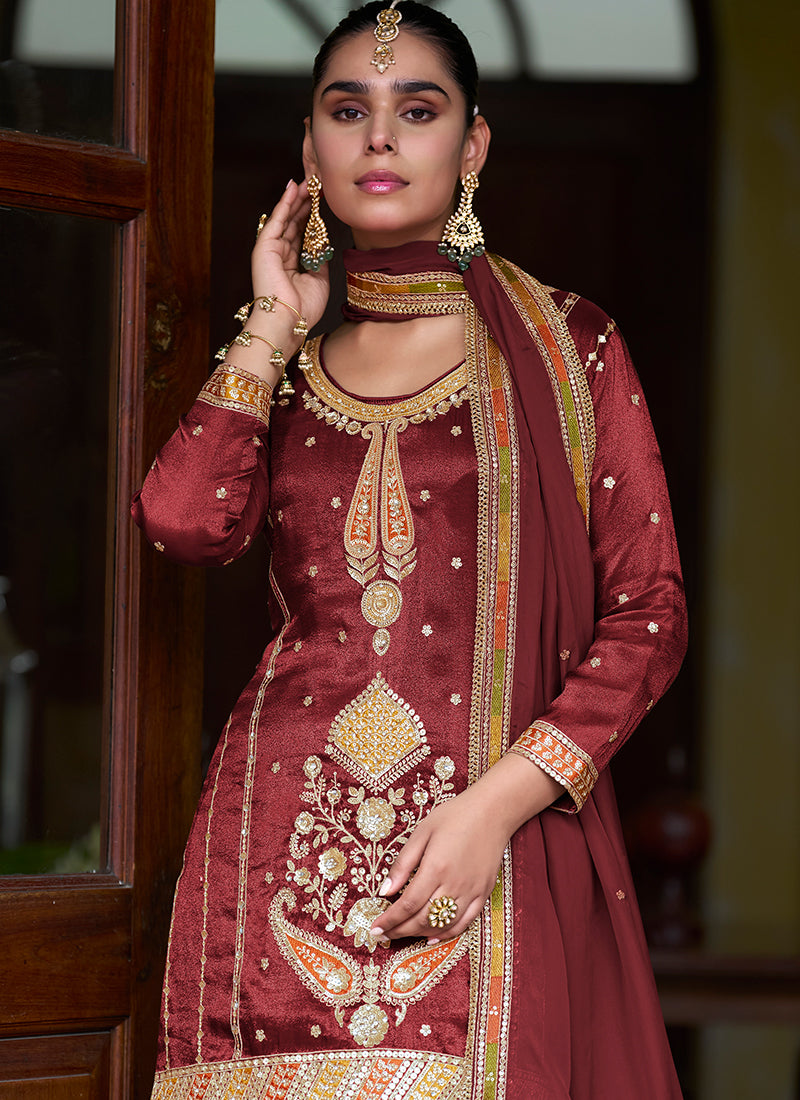 Shop Deep Red Silk Gharara Set Online In UK