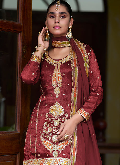 Shop Deep Red Silk Gharara Set Online In UK