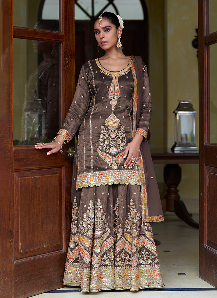 Dark Brown Multi Embroidery Silk Gharara Set