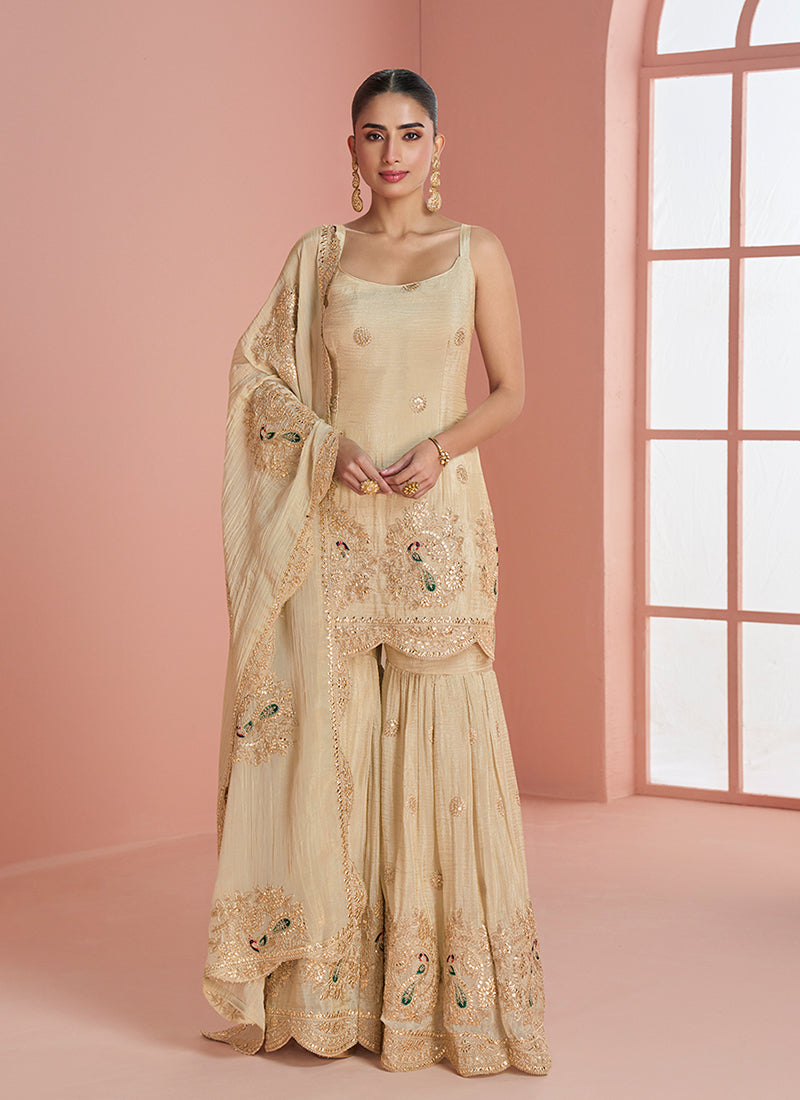 Golden Beige Traditional Embroidery Gharara Style Suit