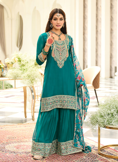 Turquoise Embroidery Gharara Style Suit
