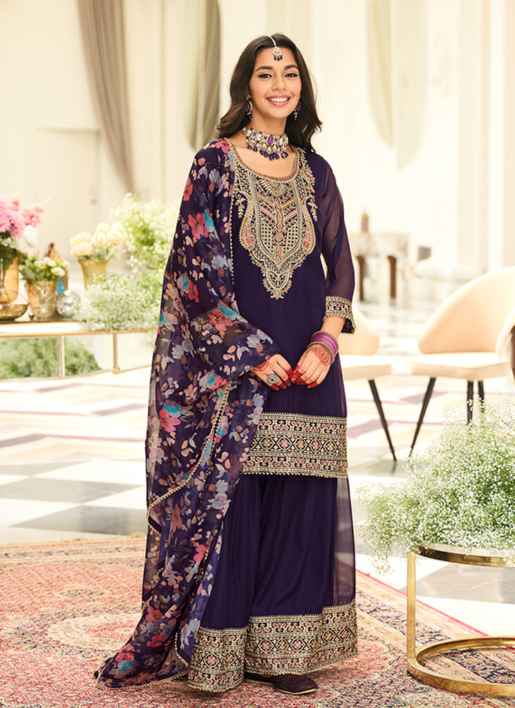 Purple Embroidery Gharara Style Suit