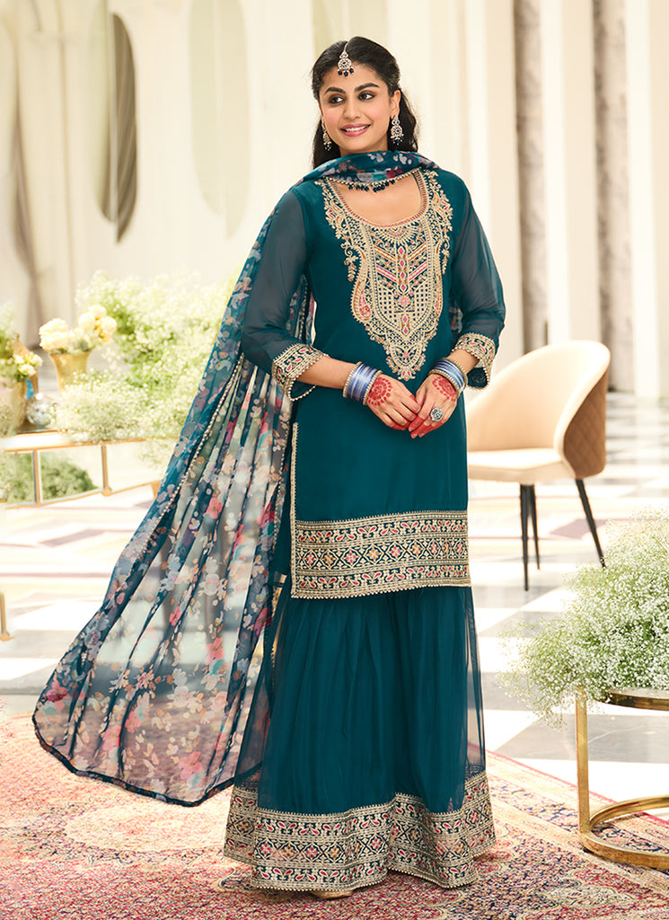 Shop Teal Blue Gharara Suit Online