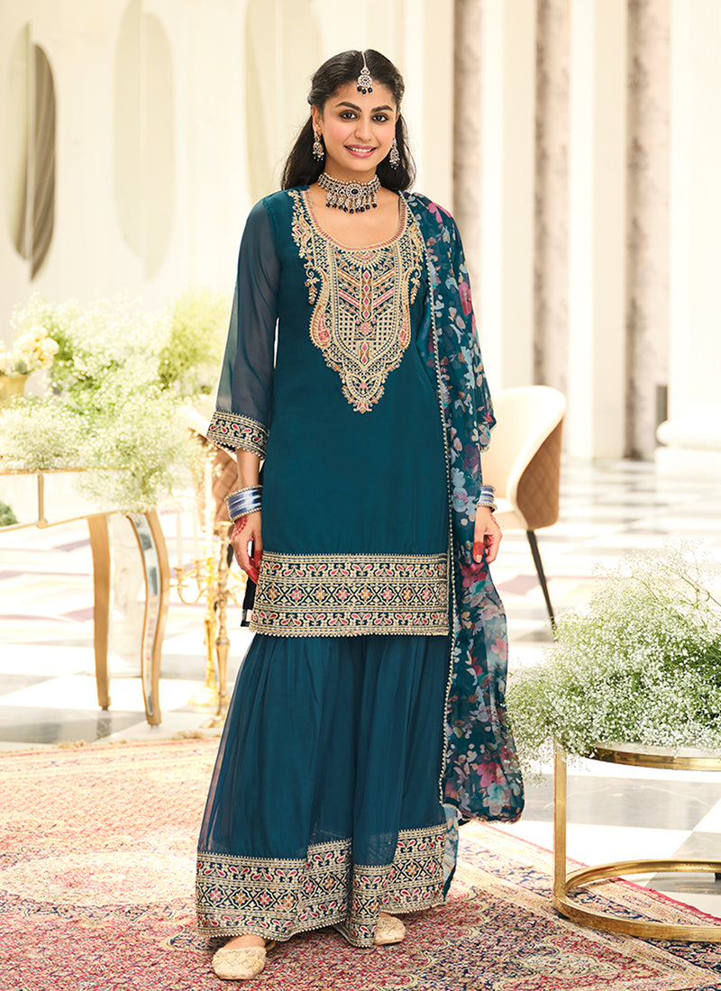 Teal Blue Embroidery Gharara Style Suit