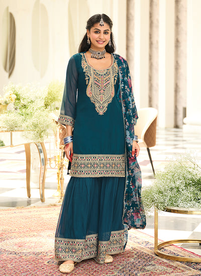 Teal Blue Embroidery Gharara Style Suit