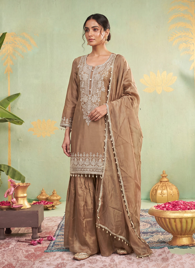 Brown Handwork Embroidered Gharara Style Suit