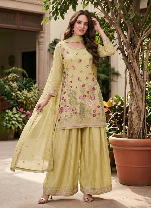 Lime Green Floral Embroidery Gharara Suit