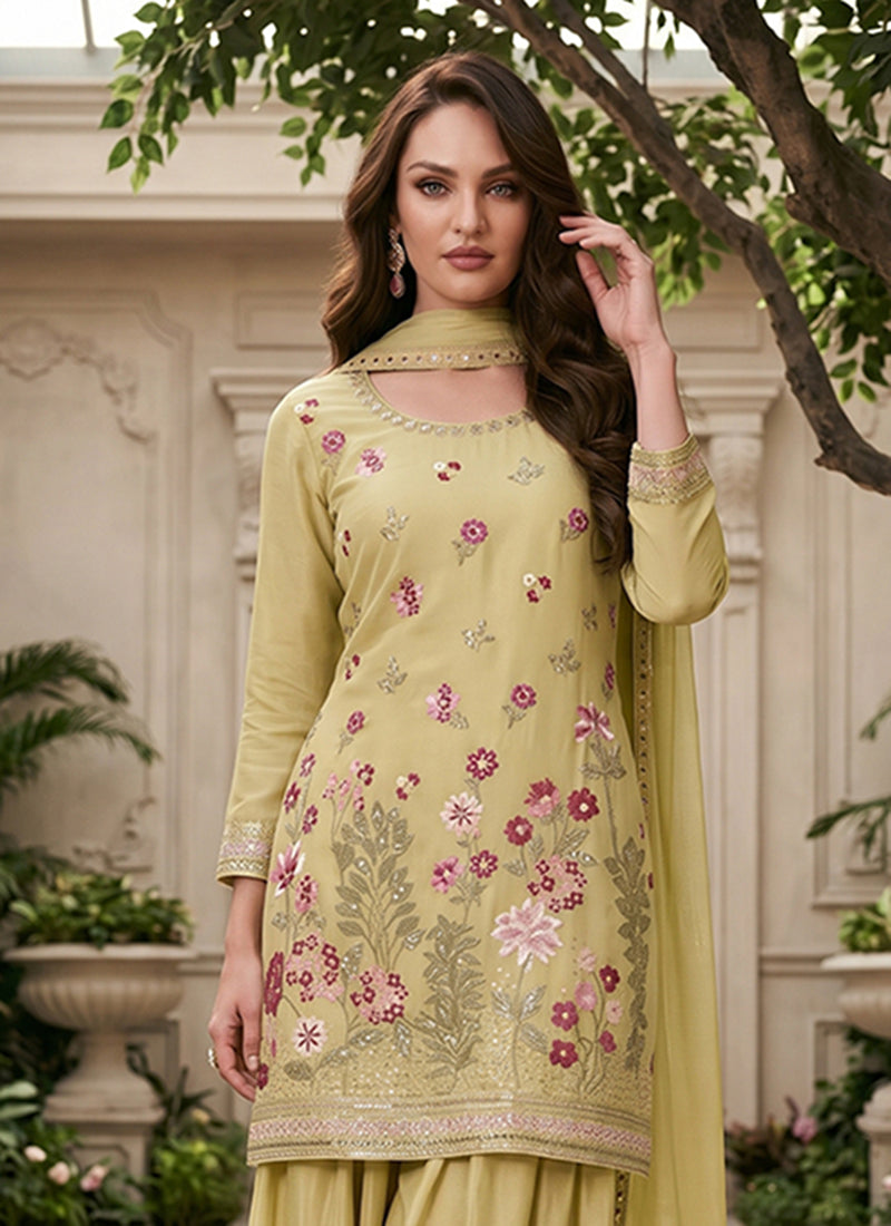 Green Floral Embroidered Gharara Suit for Women